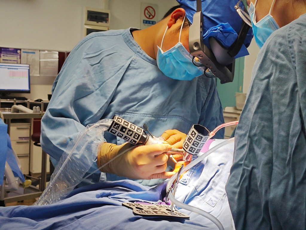 Close-up of AR-guided oral surgery with optical tracking markers